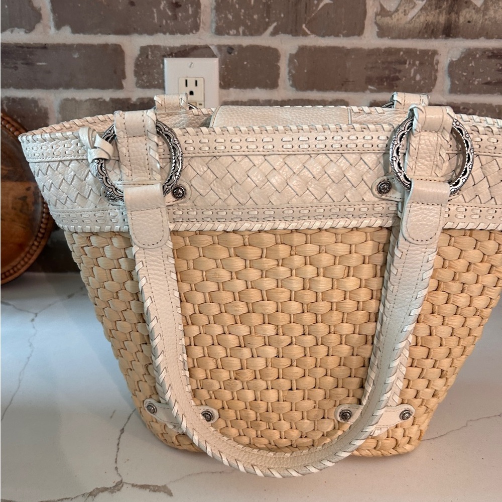Vintage Brighton Natural Straw Tote with White Trim and Braided Handles / GUC